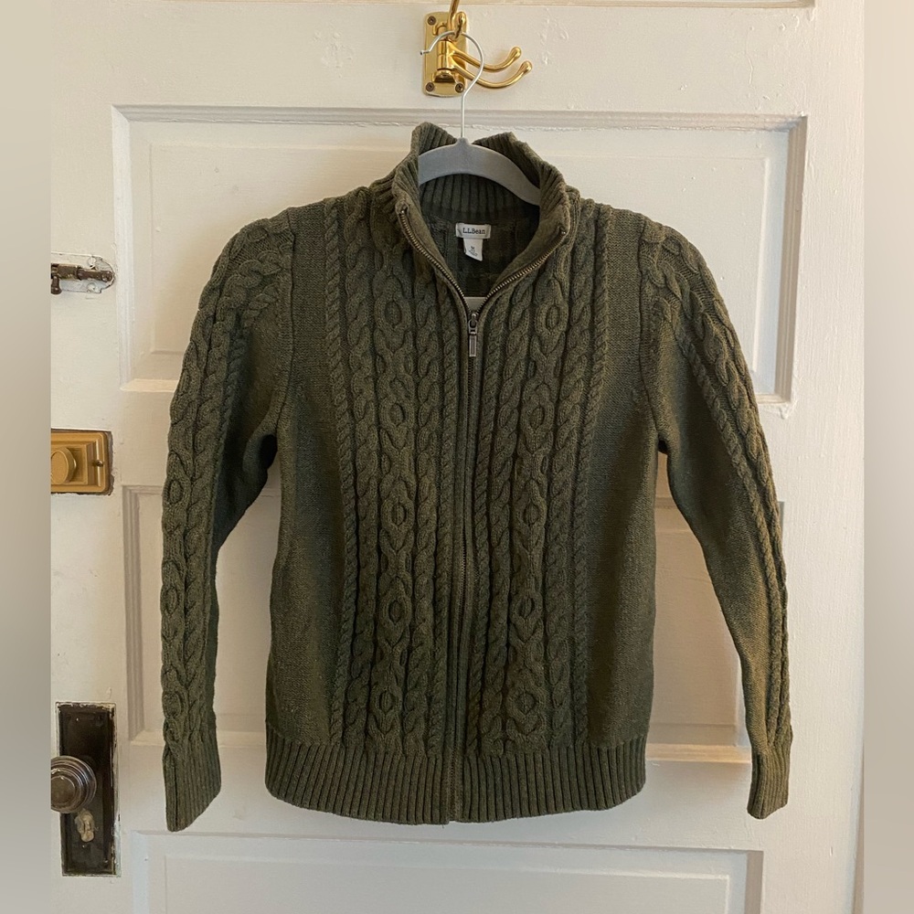 L.L. Bean Olive Green Cable Knit Zip Up Sweater Size Medium Petite